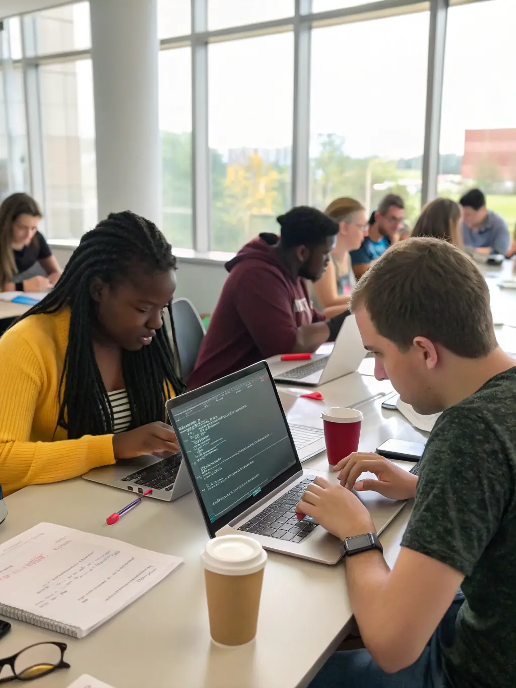 A diverse group of students collaborating on a coding project, showcasing teamwork and problem-solving in a modern classroom setting.