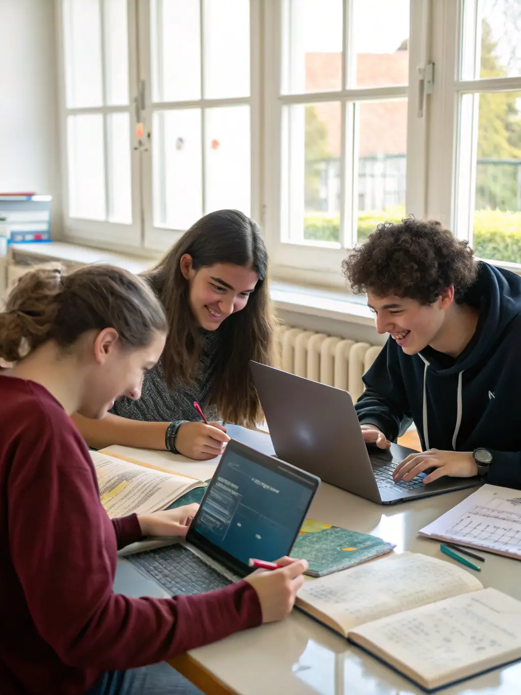 A diverse group of students collaborating on a coding project, surrounded by laptops and whiteboards filled with code, in a modern classroom setting at Wrigglerspot coding bootcamp.