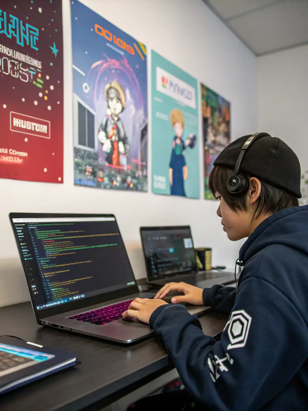 A student wearing VR glasses and coding, showcasing the immersive learning experience in the VR development course at Wrigglerspot coding bootcamp.